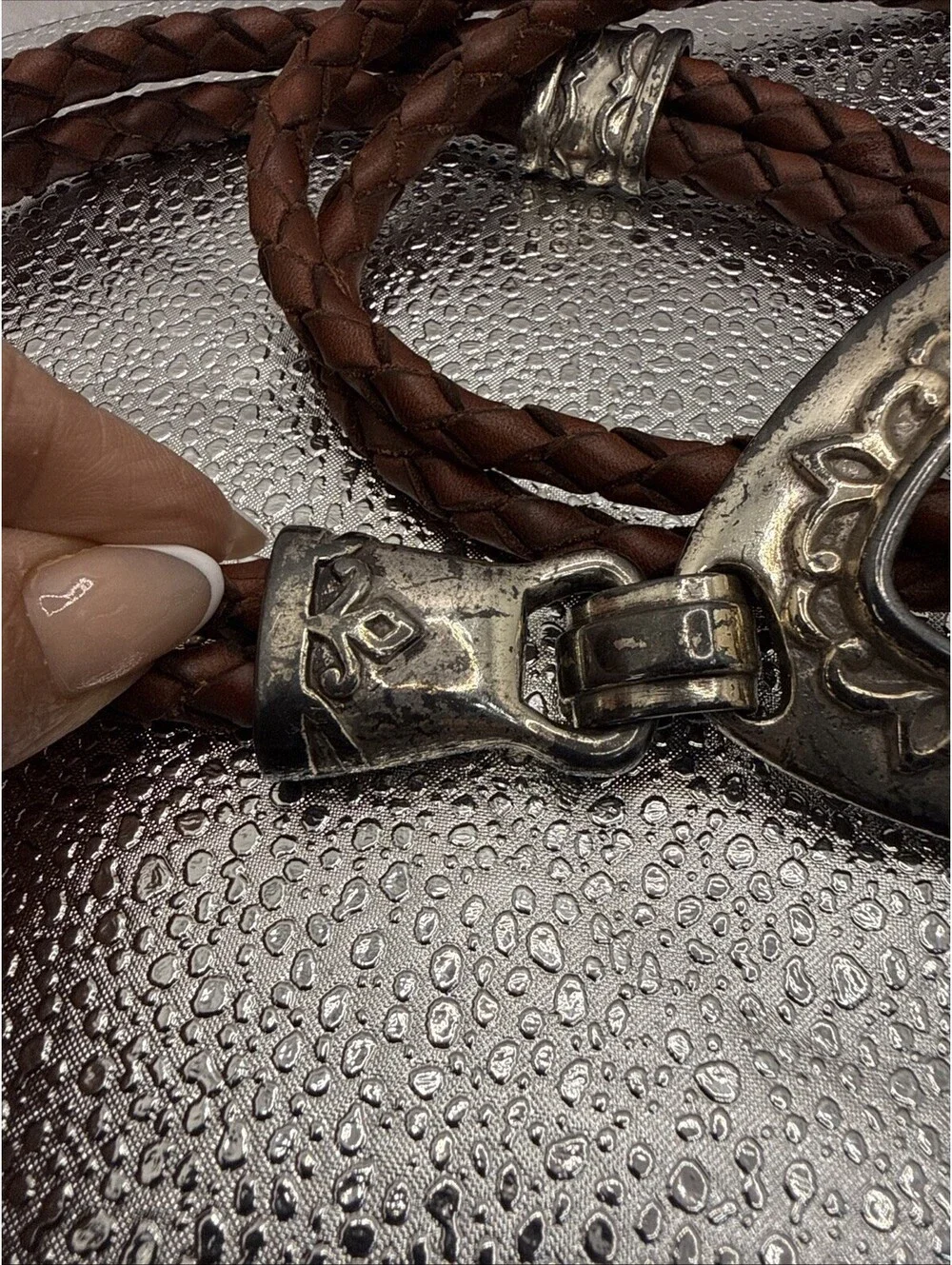 Vintage 1994 Braided Leather Belt Brown Silver Western Boho Teardrop Buckle